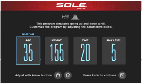 sole e98 elliptical settings screen