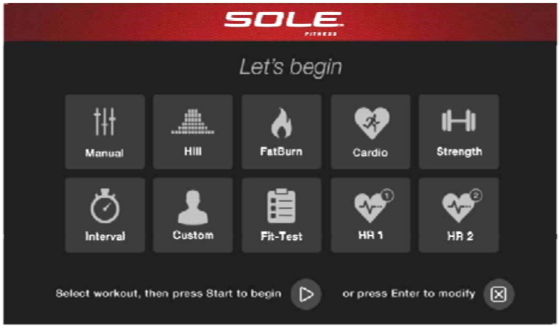 sole e98 elliptical start screen